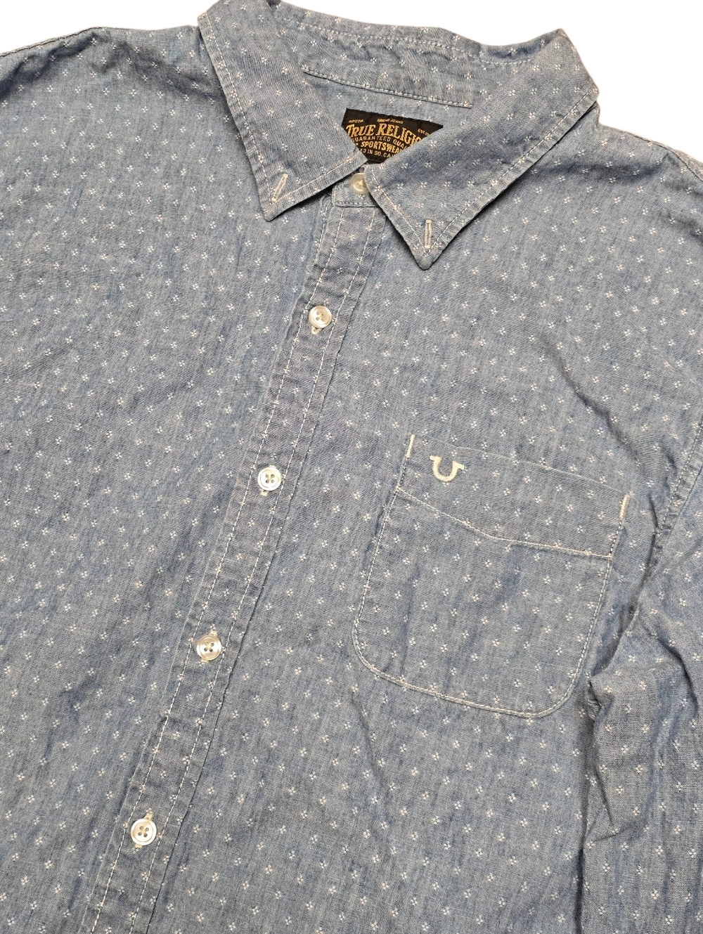 TRUE RELIGION Blue Camo Denim Cotton Utility Shirt Mens Chambray Sz Xl